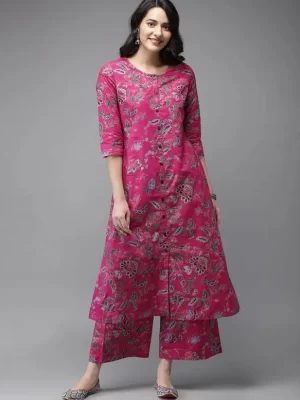 cotton printed kurta set pink